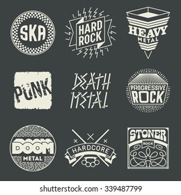 Rock Music Styles Genres Logotipos Set 1. Elementos vectoriales de línea.