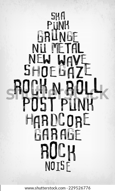 Rock music styles tag cloud, grunge oldschool\
typography stamp style\
poster