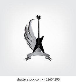 Rock music symbol. Electric guitar with wings. Winged guitar with ribbon for band or festival name. Vintage vector label  illustration