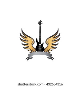 Rock music symbol. Electric guitar with wings. Winged guitar with ribbon for band or festival name. Vintage vector label  illustration