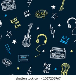 Rock Music Theme Vector Seamless Pattern. For Textile Print And Other Uses