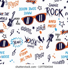 Rock Music Theme Vector Seamless Pattern. For Textile Print And Other Uses