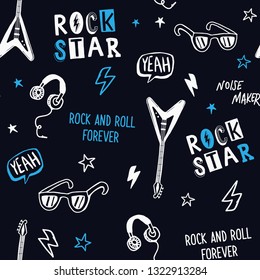 Rock music theme vector seamless pattern. For textile prints and other uses.,