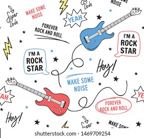 Rock music theme vector seamless pattern. For textile print and other uses.