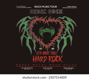 Rock music tour. Rebel rock artwork. Fire heart graphic design for t shirt print, poster, sticker, background and other uses. Love you more, valentine day t shirt design. Heavy metal rock star.