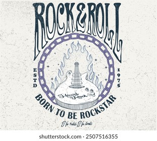 Rock music tour. Rock and roll graphic design for t shirt print, poster, sticker, background and other uses. Guitar with fire artwork.