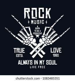 Rock music t-shirt design. Vintage rock festival poster design, slogan for t-shirt print. Hands of skeleton and lettering on dark background. Vector