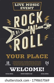 Rock music vector flyer, live event poster background template with guitar. Rock N Roll background. Vector design illustration