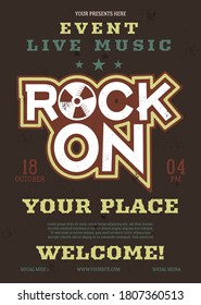 Rock music vector flyer, live event poster background template with vintage plate. Rock On background. Vector design illustration