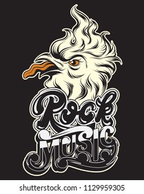 Rock music. Vector hand drawn illustration of crazy bird with tongue. Template for card, poster. banner, print for t-shirt, pin, badge, patch.