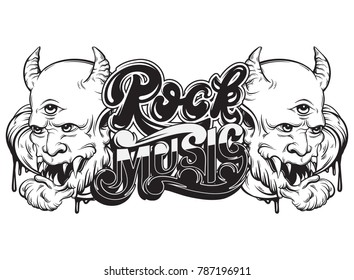 Rock music. Vector handwritten  lettering. Template for card, poster, banner, print for t-shirt, placard, logotype.