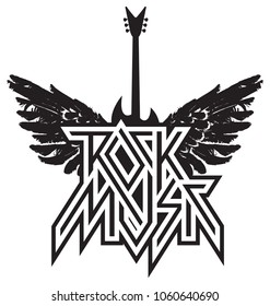 Rock music - vector logo, emblem, label, badge or design element with electric guitar and wings. Creative lettering for t-shirt in modern style isolated on white background