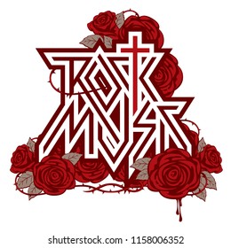 Rock music - vector logo, emblem, label, badge or design element with cross, red roses, barbed wire and blood drips. Creative lettering for t-shirt in modern style isolated on white background