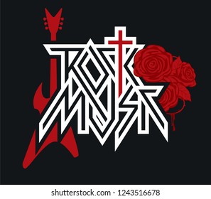 Rock music - vector logo, emblem, label, badge or design element with guitar, cross, red roses and barbed wire. Creative lettering for t-shirt in modern style isolated on black background