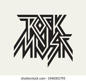 Rock Music - vector logo, emblem, label, badge or design element isolated on a light background. Creative black stylized lettering. Cool print for t-shirt, tattoo or graffiti in modern style