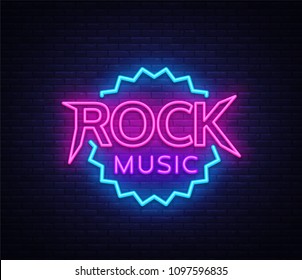 Rock Music Vector Neon. Rock Music Neon Sign, Bright Night Sign, Light Banner, Neon Night Live Music Promotion, Nightlife Vector