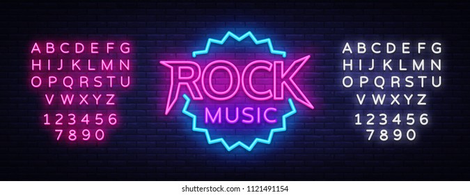 Rock Music Vector Neon. Rock Music Neon Sign, Bright Night Sign, Light Banner, Neon Night Live Music Promotion, Nightlife Vector. Editing text neon sign