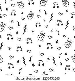 Rock music vector seamless pattern in doodle style