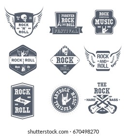 Rock Music - vector set of vintage template logo insignias. Old fashion style emblems, badges of rock'n'roll festival, hard bass, rock and roll. Apparel, leaflet, brochure, sticker design.