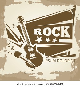 Rock music vintage emblem design. Grunge banner for rock event. Vector illustration