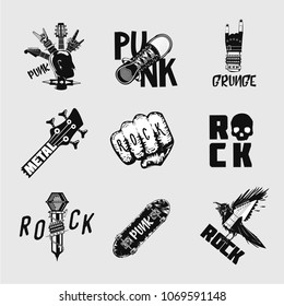 Rock music vintage emblem set. Underground  punk signs. Black and white icons set. Heavy metal illustration.