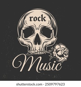 Rock Music. Vintage print, logo, badge design with Human skull and rose silhouette. Vector illustration.