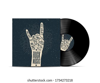 Rock Music Vinyl Disc Cover Mockup. Cover For Your Music Playlist. Isolated On White Background. Realistic Vector Illustration.