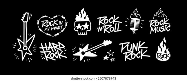 Rock Música Y2k Doodle estilo imprime diseños. Rock n Roll Iconos dibujados a mano del partido conjunto de rockeros guitarra, cráneo, fuego o llama, micrófono, etc. Conjunto de iconos de Rock punk para impresión de camiseta y diseño de ropa