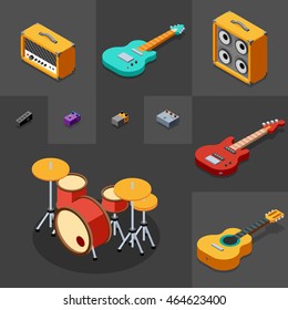 Rock Musical Instruments Icons Set. 3D Isometric Low Poly Flat Design. Vector illustration.