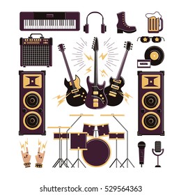 rock musical instruments, vector illustrations flat icons and elements set