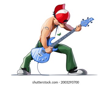 Rock musician with bass guitar play music. Cartoon character, Isolated on white background. Eps10 vector illustration.