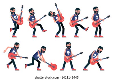 Rock musician with a beard playing an electric guitar. A set of emotional postures. Vector character.