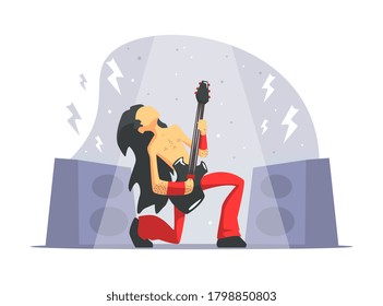 Rock Musician, Brutal Man Playing Guitar, Rock Band Member Character Cartoon Vector Illustration