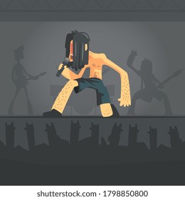 Rock Musician, Brutal Man Singing with Microphone, Rock Band Member Character Cartoon Vector Illustration