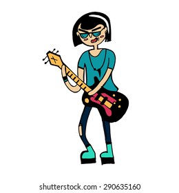 Rock musician cartoon. Hipster. Indie rock. Illustration for t-shirt or other uses. Cool guy with guitar. Singer