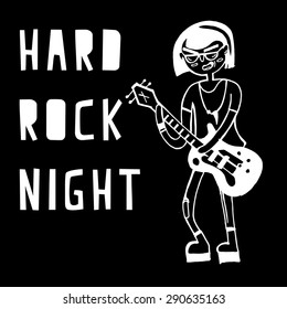 Rock musician cartoon. Hipster. Indie rock. Illustration for t-shirt or other uses. Cool guy with guitar. Singer