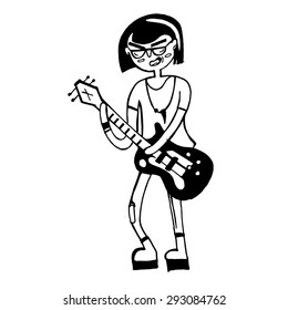 Rock musician cartoon. Hipster. Indie rock. Illustration for t-shirt or other uses. Cool guy with guitar. Singer
