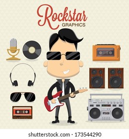 Rock musician character with electric guitar and icons