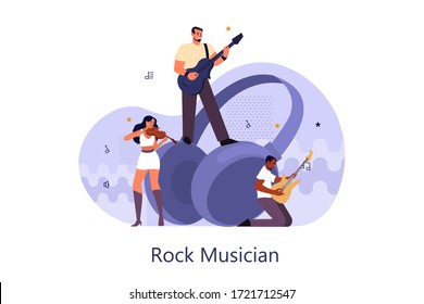 Rock musician concept. Vector illustration of guitarist playing music. Man holding an acoustic and electric guitar. Performer standing with guitar. Concept of modern musical profession