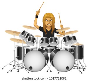 Rock musician drummer famously plays the drums, isolated background. Vector illustration