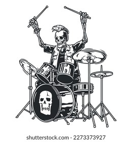 Rock musician drummer monochrome sticker with skeleton playing music at heavy metal concert using bass drums vector illustration