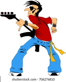 rock musician with a guitar jumping on stage, vector