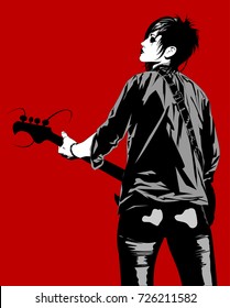 rock musician with a guitar jumping on stage, vector
