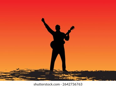 Rock Musician with Guitar on Stage at Sunset Grunge Stroke. Art and music people, performing on stage for audience vector art