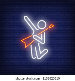 Rock musician jumping with guitar neon sign. Performer playing bass guitar at concert. Vector illustration in neon style for performance and music