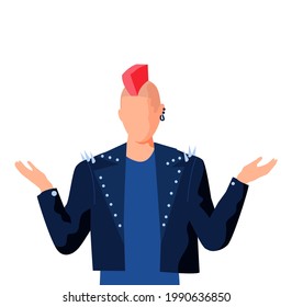 Rock musician in leather jacket isolated on white background. Man dressed as music artist. Male character performing rock music spreads his arms to sides. Professional rock performer with red mohawk