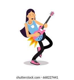 Rock musician with long hairs playing on electrical guitar cartoon character vector Illustration