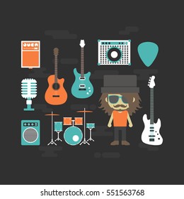 rock musician and music instrument, flat style