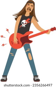 Rock musician play electric guitar. Cartoon character