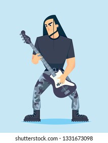 Rock musician playing bass guitar isolated on blue background